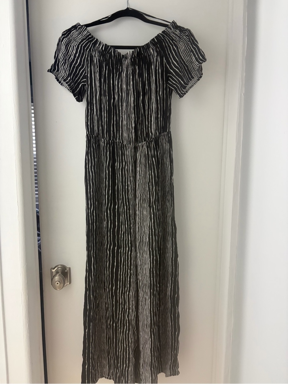 Mustard Seed Black & White Striped Off-Shoulder Maxi Jumpsuit
